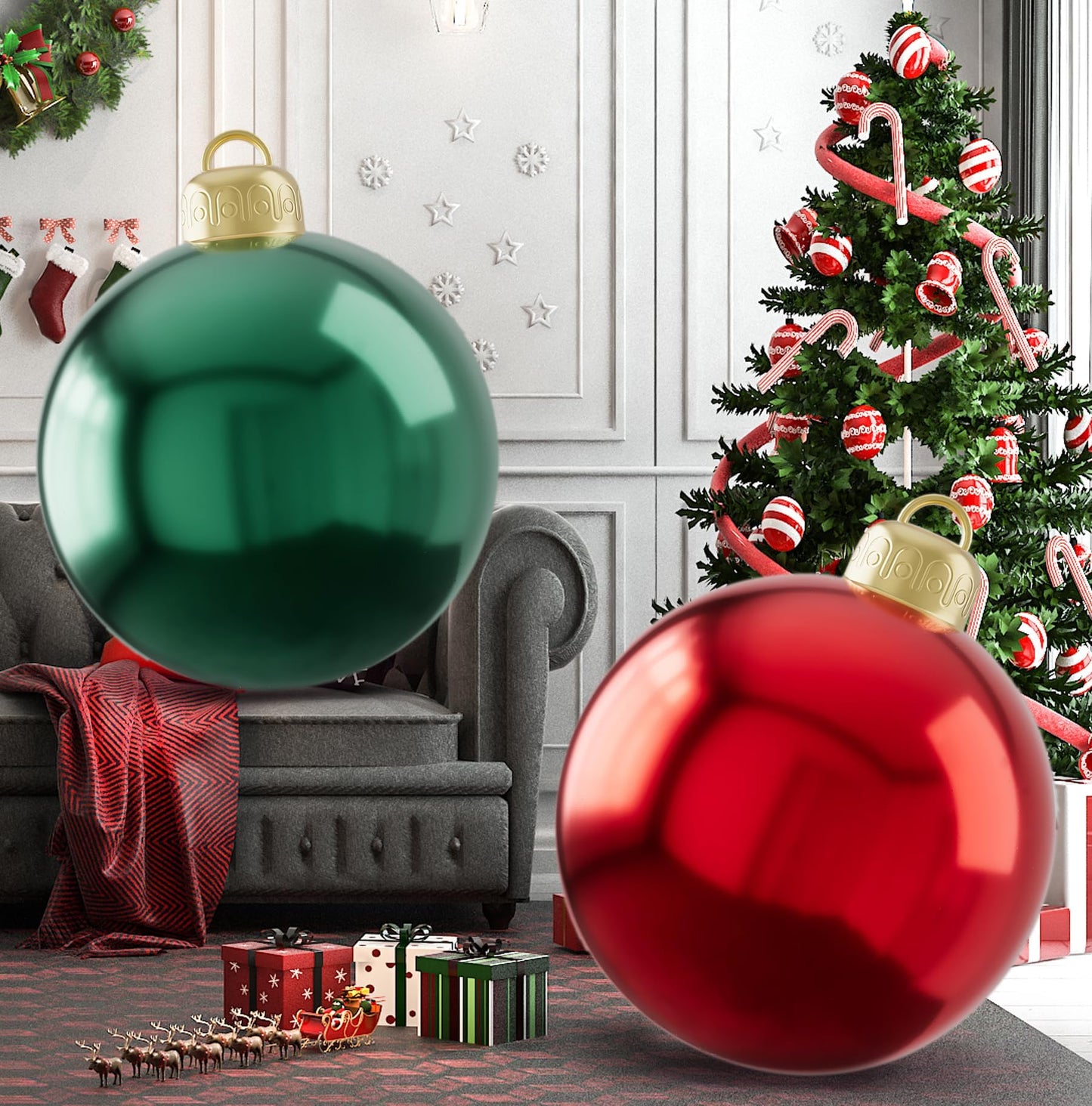 2PCS PVC Christmas Inflatable Ball 24 Inch Giant Inflatable Christmas Decorations Ball Christmas Ornament Balls Xmas Blow up Balls for Outside Holiday Yard Lawn Decor (Red&Green)