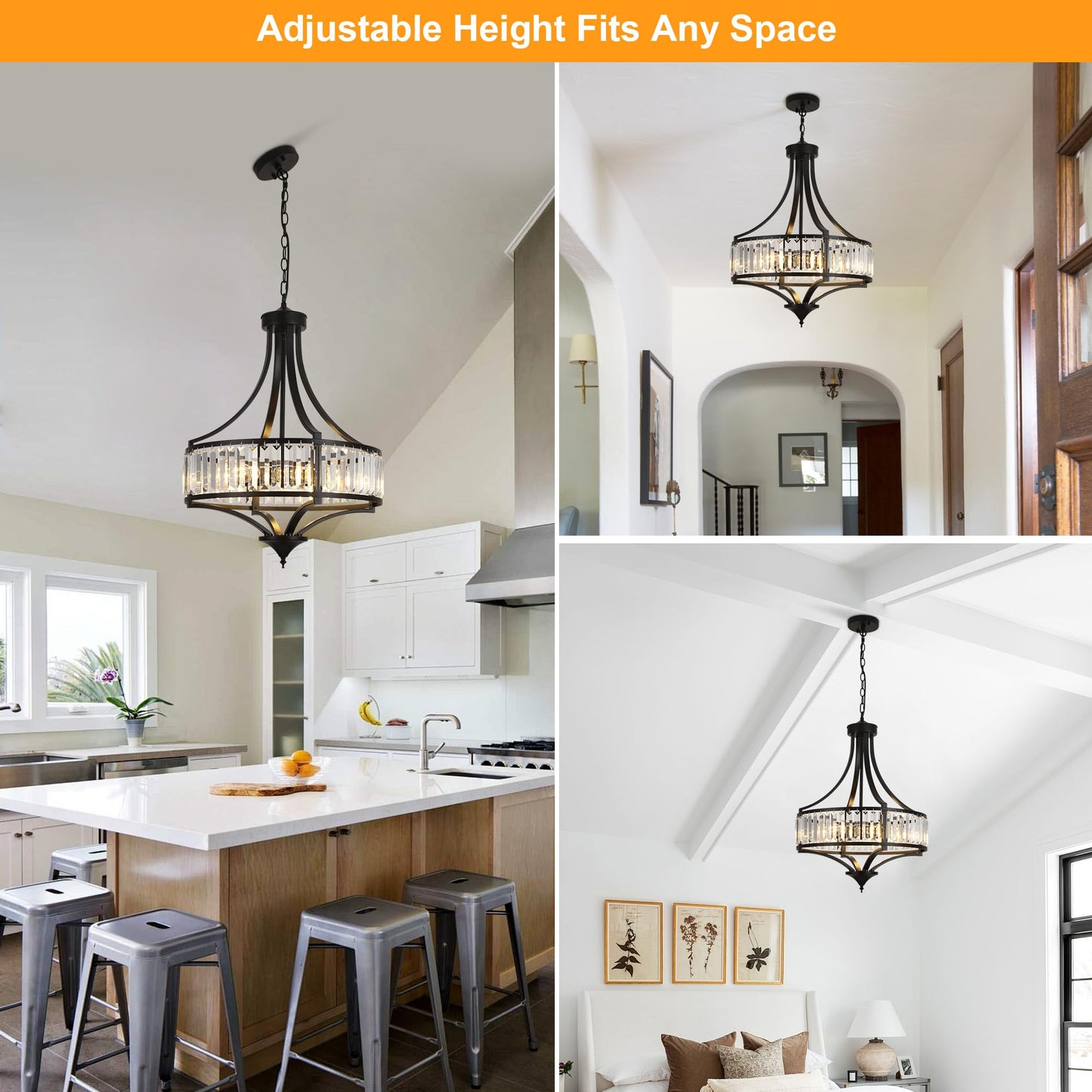 CNRATYE 20" Modern Farmhouse Crystal Chandeliers for Dining Room, 5-Light Black Antique Pendant Chandelier, Contemporary Hanging Light Fixture for Living Room Bedroom Foyer Kitchen Island Entryway