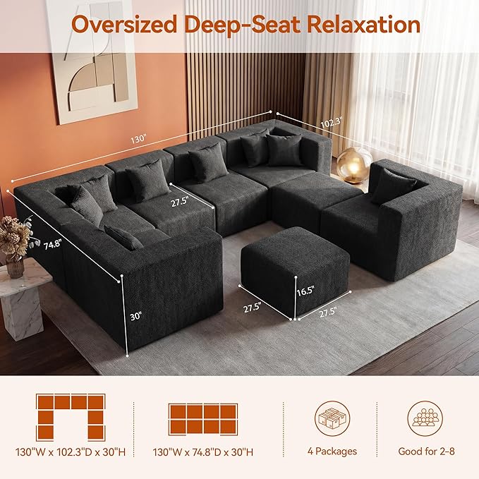 MONVANE Modular Sectional Sofa, Oversized 8 Seat Convertible U Shaped Couch