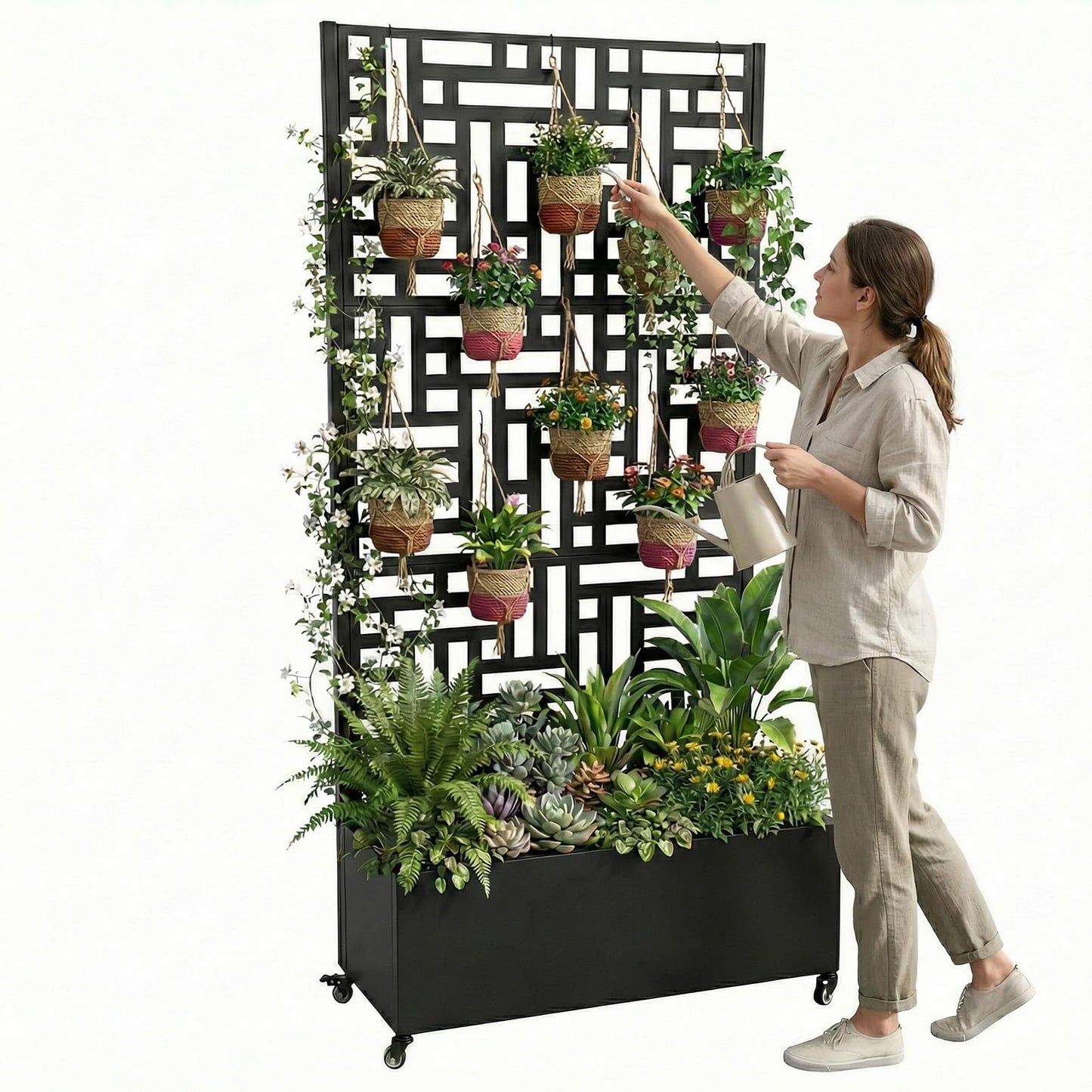 ALINUOYQ 70.87x35.43x15.75 Inch Metal Planter Box with Trellis and Wheels Raised Garden Bed with Drainage Holes Privacy Planters Suitable for Climbing Plants and Vegetables (02)