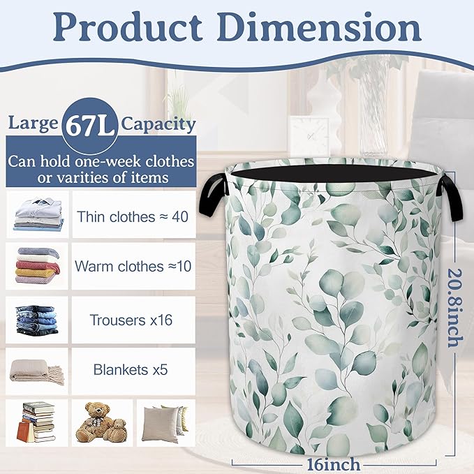 Eucalyptus Spring Botanical Laundry Basket, Foldable Oxford Cloth Laundry Hamper