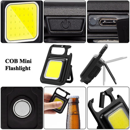 Small Flashlight, 1000Lumens Bright Rechargeable Keychain Flashlights, COB Mini Flashlight with 3 Light Modes, Portable Pocket Light with Folding Bracket, Bottle Opener and Magnet Base for Walking