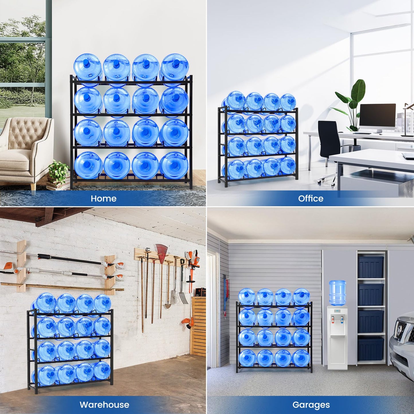jolybebe 5 Gallon Water Bottle Holder, 5 Gallon Water Jug Stand, 5 Gallon Water Bottle Storage Rack for 6/8 Bottles, Water Jug Organizer for Home Office, garage,Sturdy and Durable (16-slots, Black)