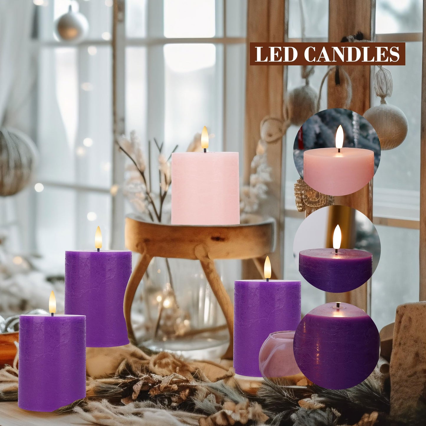 AFINETH Flamelss Advent Candles, Battery Operated Wax Pillar Candles with Remote, Flat Top Flickering Flameless Candles, LED Candles for for Christmas, Catholic, Advent, Wreath, Purple and Pink