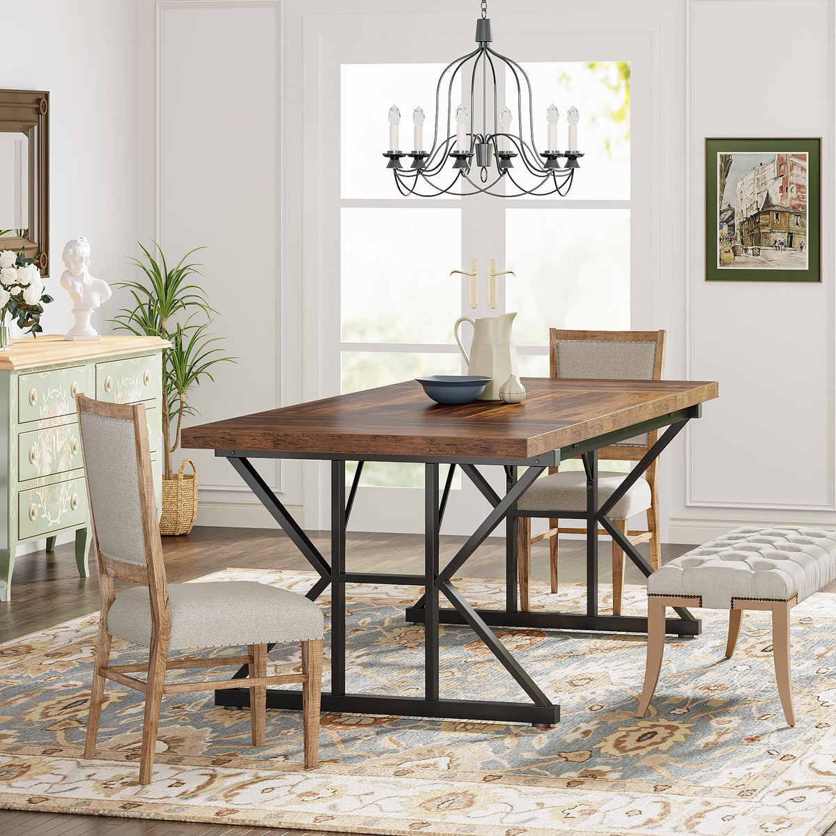 Tribesigns Farmhouse Dining Table for 6 People, 70.8-Inch Rectangular Wood Dining Table, Rustic Kitchen Table with Heavy Duty Metal Legs for Dining Room