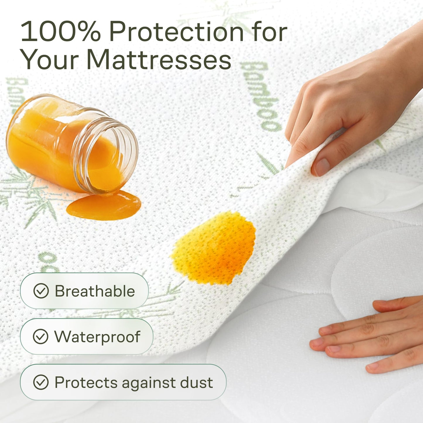 Side-Shield Waterproof Mattress Protector King - 6-21" Deep Pocket with Leak-Proof Edge Protection - Noiseless & Cooling Soft-Touch Viscose Made from Bamboo - Machine Washable (Green)