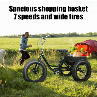 Masiunoz 20 Inch Snow Fat Tire Trike - 7 Speed Adult 3 Wheel Bicycle, Big Wheel Tricycle with Rear Cargo Basket, 450lb Capacity, Dual Disc Brakes, Comfort Seat for Seniors