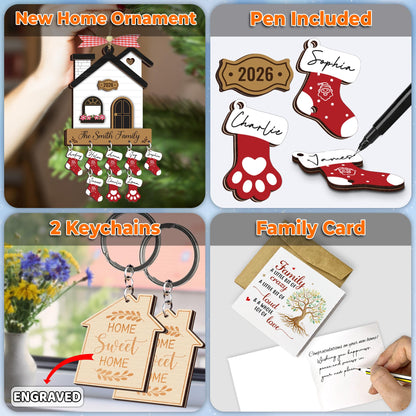 DIY New Home Ornaments 2026, Family Ornament 2026, Family of 3, 4, 5, 6, 7, 8 Ornament with Dog, Cat, Customized Ornaments for Tree, Home Sweet Home Keychain, House Decoration HH624