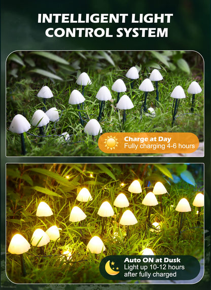 Solar Mushroom Garden Lights for Outside, 20 LED 32.8FT Solar Pathway Lights Outdoor Waterproof for Fence with 8 Lighting Modes for Patio Yard Decorative