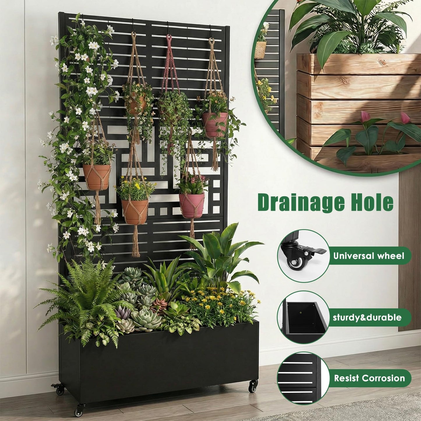 Hubxinly Metal Planter Box with Trellis Standing Planter Box for Climbing Plants/Vines Raised Garden Bed On Wheels 70.87x35.43x15.75 Inch