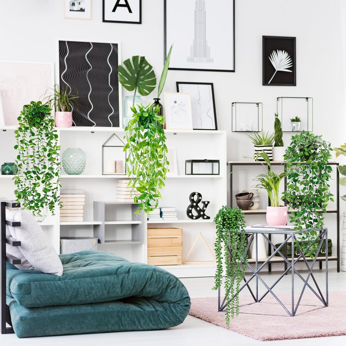 Palonu 4 Pack Faux Artificial Hanging Plants, Fake Potted Greenery with Eucalyptus Vine, Mandala, Pea Pod Leaves & String of Pearls in Pots for Office, Living Room, Bathroom, Indoor & Outdoor Décor