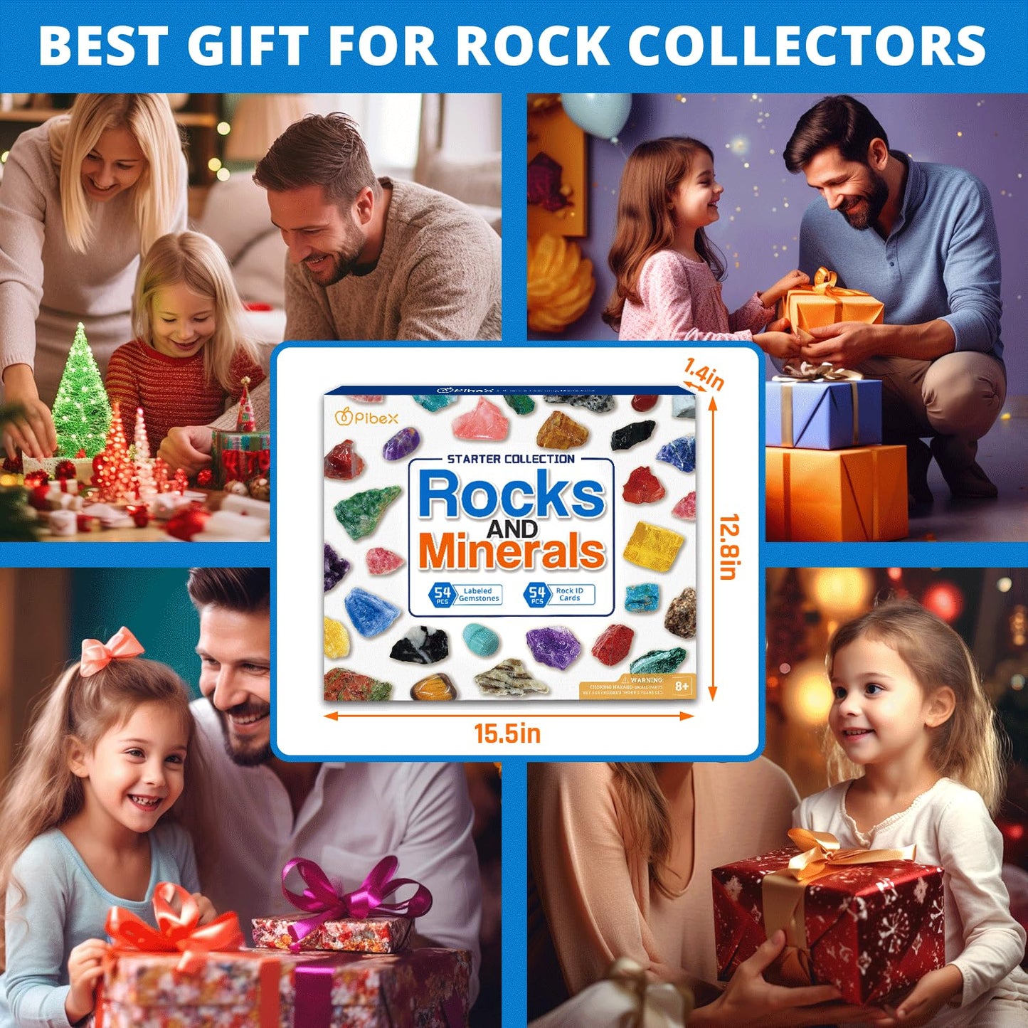 PIBEX Rock Collection Starter Kit - 54 Pcs Assorted Gemstones, Crystals, Rocks & Minerals, with Learning Book & ID Cards, Earth Science Kit Toy, A Geology Gift for Kids & Adults Ages 8+
