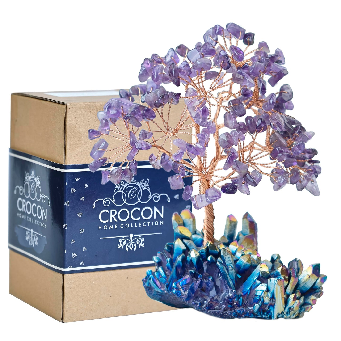 Crocon® Amethyst Crystals Tree with Rainbow Titanium Cluster Base Tree of Life Decor for Shelf, Birthday Gifts for Women, Sister Gifts, Birthday Gifts for Mom, Cute Home Decor, Purple Decor Present