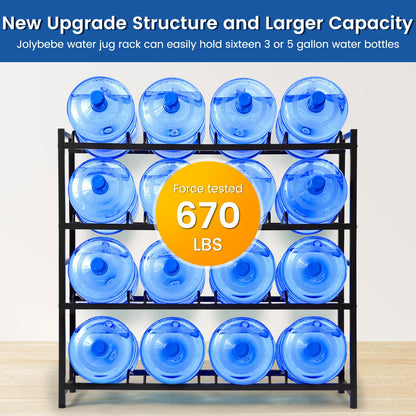 jolybebe 5 Gallon Water Bottle Holder, 5 Gallon Water Jug Stand, 5 Gallon Water Bottle Storage Rack for 6/8 Bottles, Water Jug Organizer for Home Office, garage,Sturdy and Durable (16-slots, Black)