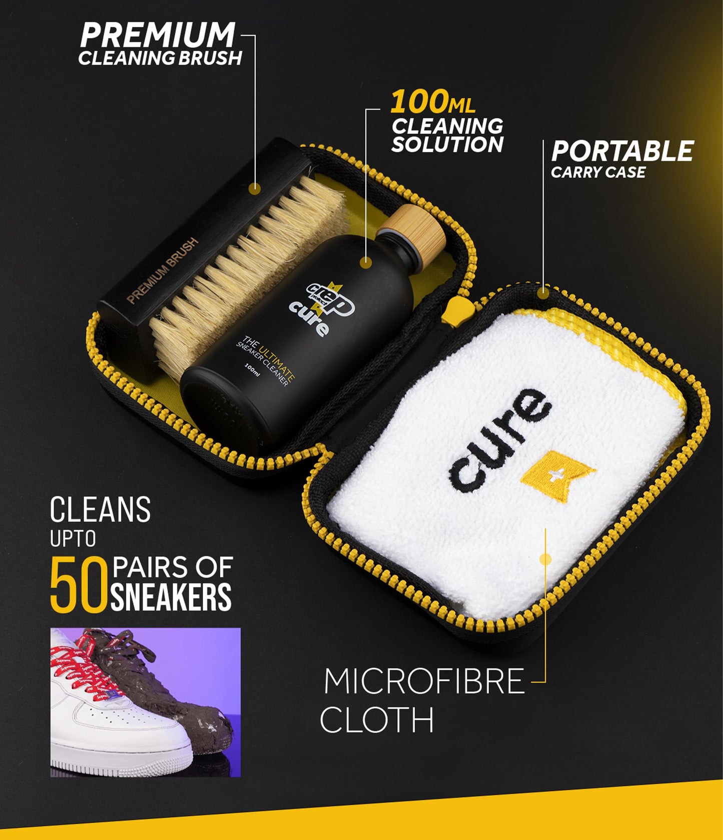 Crep Protect Cure Shoe Cleaner - Sneaker Cleaner Solution with Shoe Cleaning Brush & Microfiber Cleaning Cloth for Shoes, Sneaker, Leather, Nubuck, Suede & Canvas (100 ml).