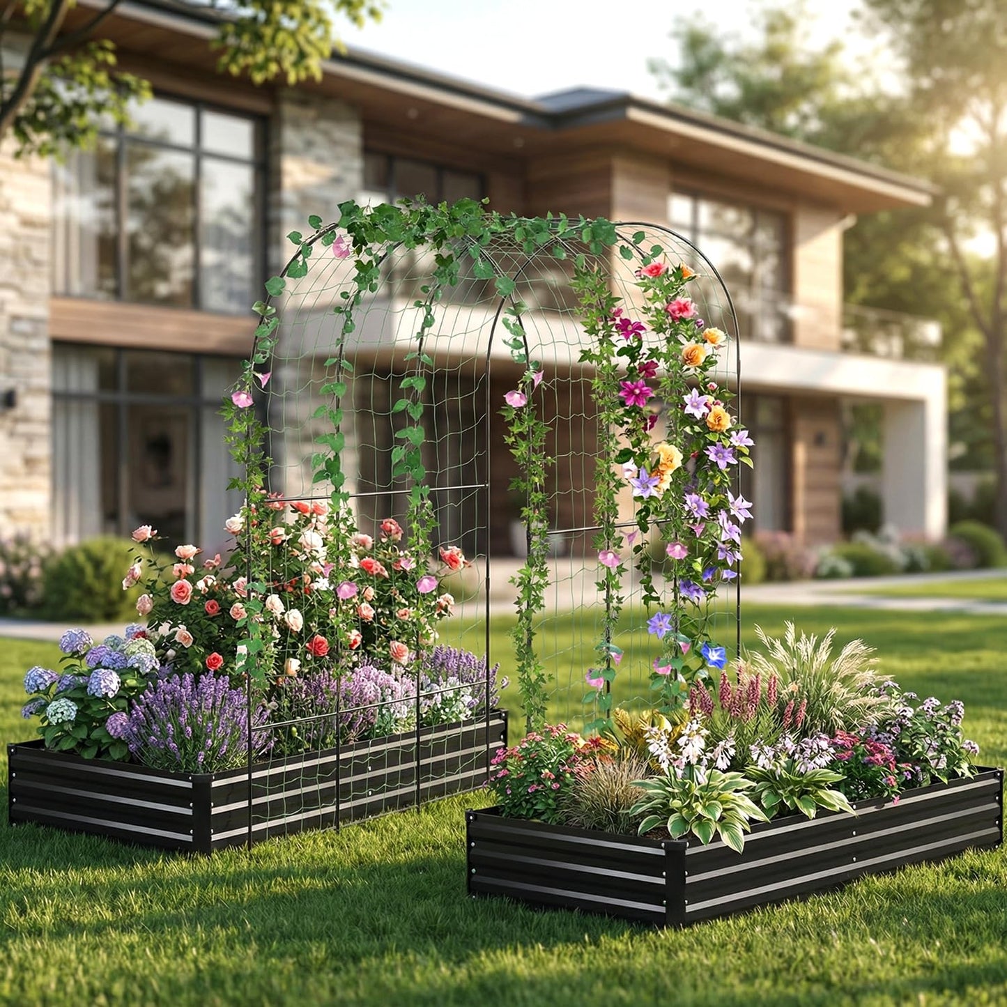 DTIG Galvanized Raised Garden Bed with Trellis, 6×3×1 FT 2 Pack Outdoor Garden Bed, Upgraded 4×3 Support, Black