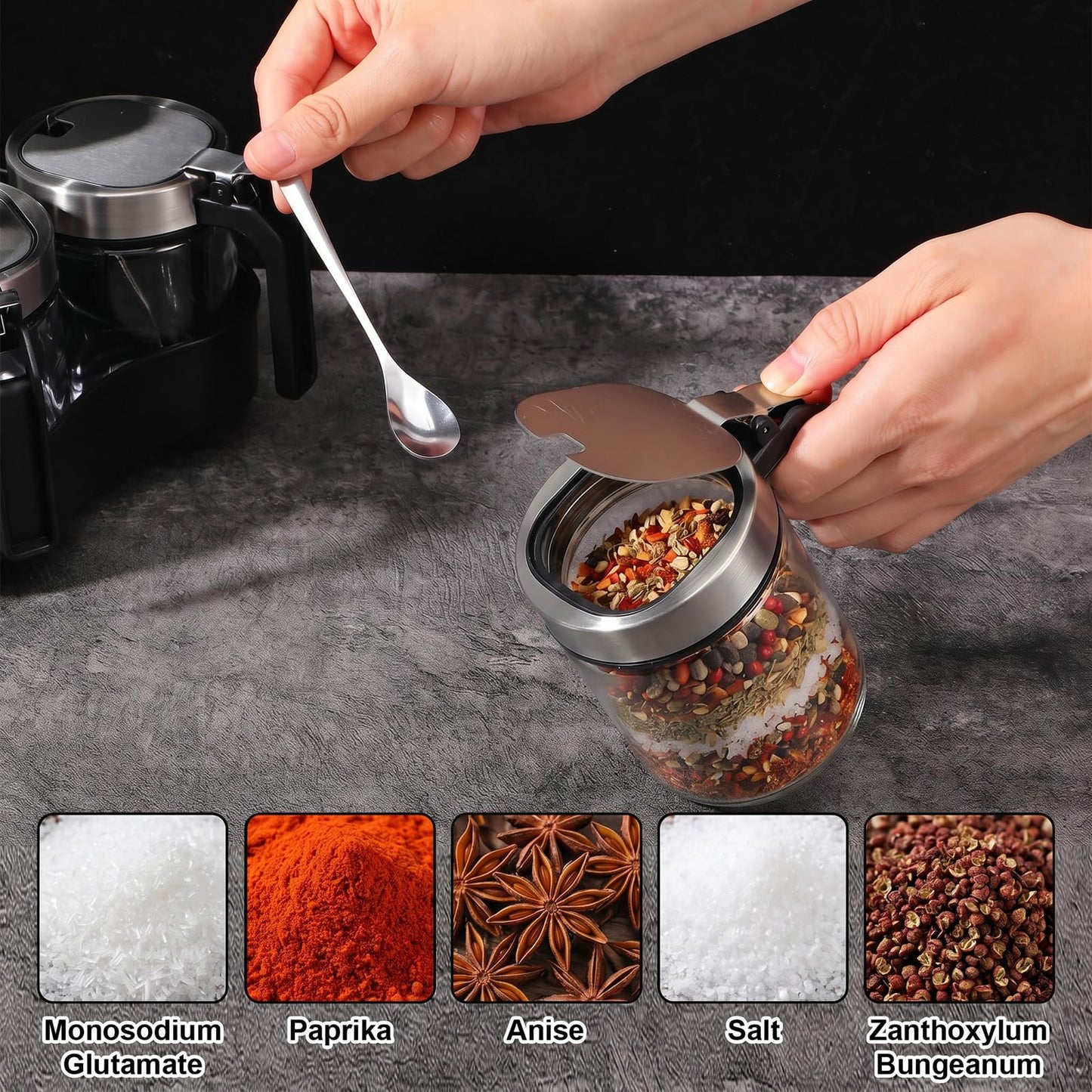 Set of 4 Revolving Condiment Pots: Sugar Bowl, Salt & Pepper Cellar with Lid and Spoon, 360-Degree Rotating Holder Tray for Kitchen Countertop Organization, Glass Spice Jars with Stainless Steel Acces