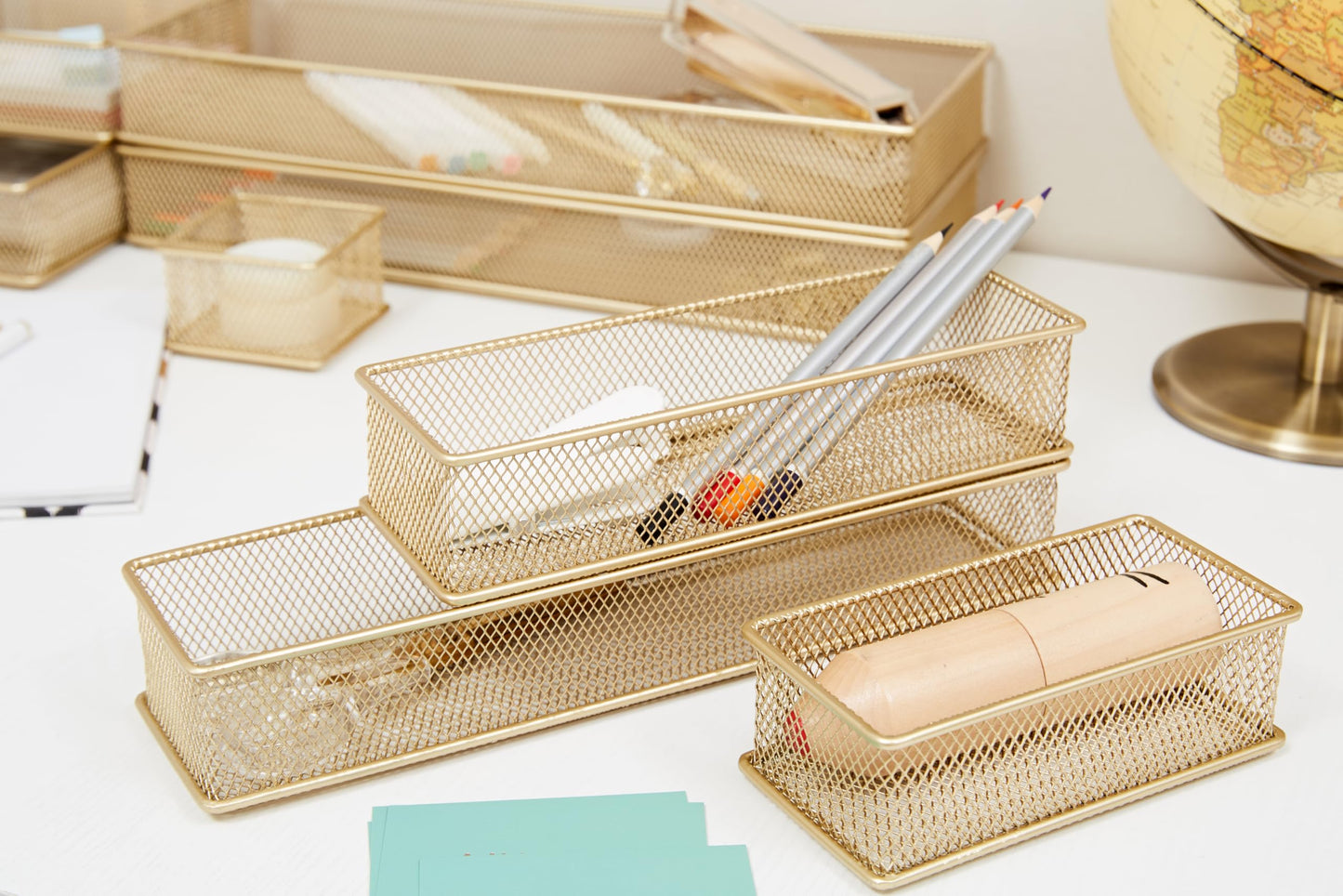 Annova Mesh Stackable Drawer Cabinet and Shelf Organizer Bins Storage Basket School Office Supply Holder Tray- Set of 2 (Gold, 6x9x2 Inch)