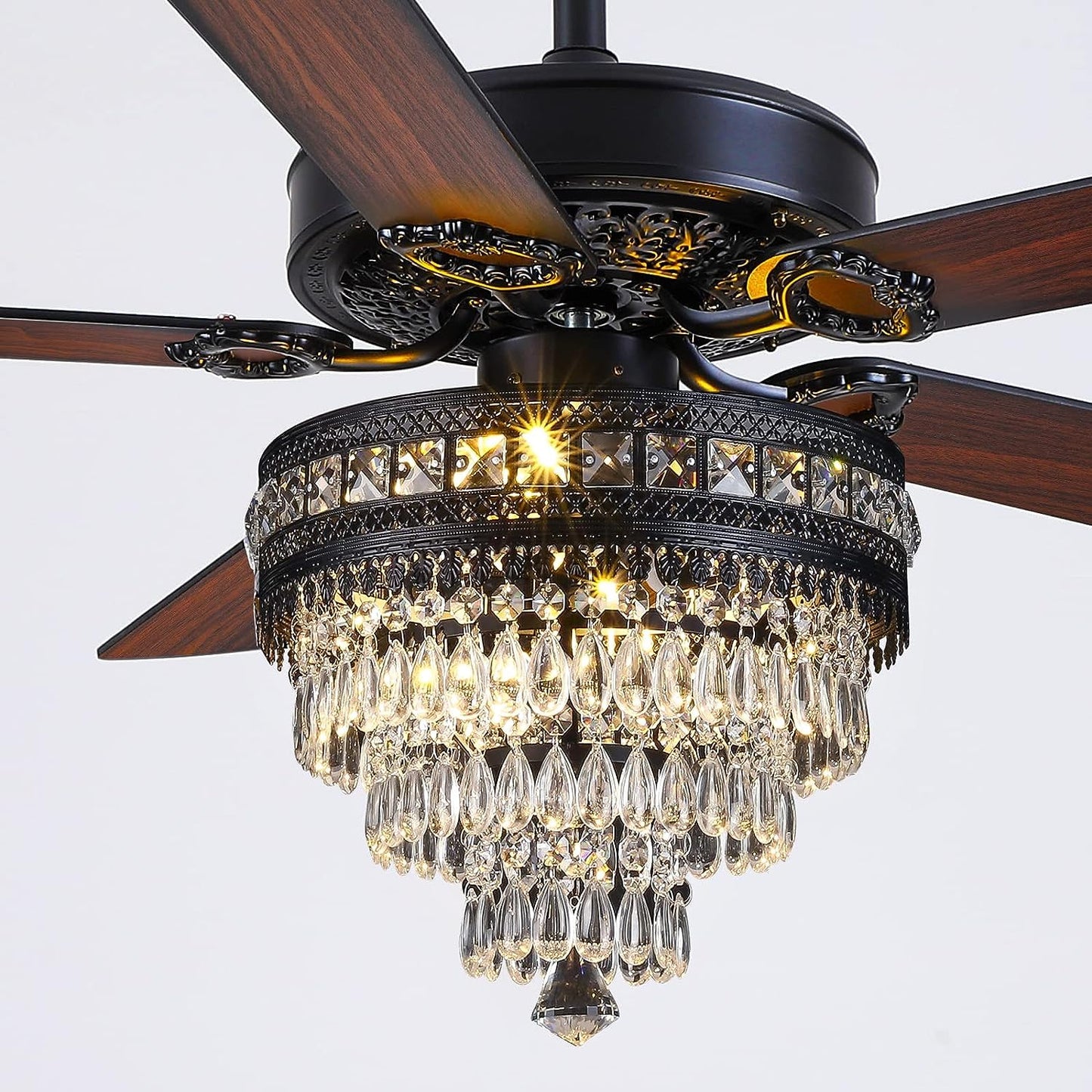 Asyko 50" Crystal Ceiling Fan Fandelier with Lights - Modern Black Chandelier Fans with Remote Control，Noiseless AC Motor, Retro/Farmhouse Lighting, Dining Room，Living Room