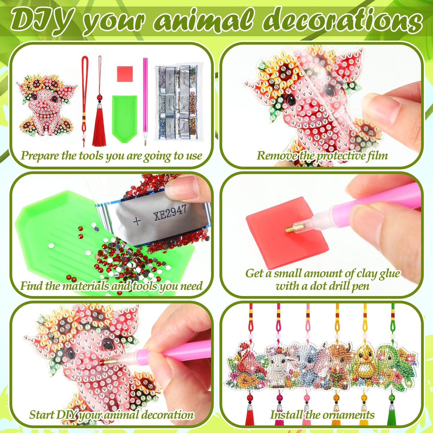 JenPen 12 Pcs Diamond Painting Car Ornaments Diamond Art Ornament for Car Double Sided Painting Hanging Ornament Crystal Gem Garden Decoration Paint DIY Kit(Animals)
