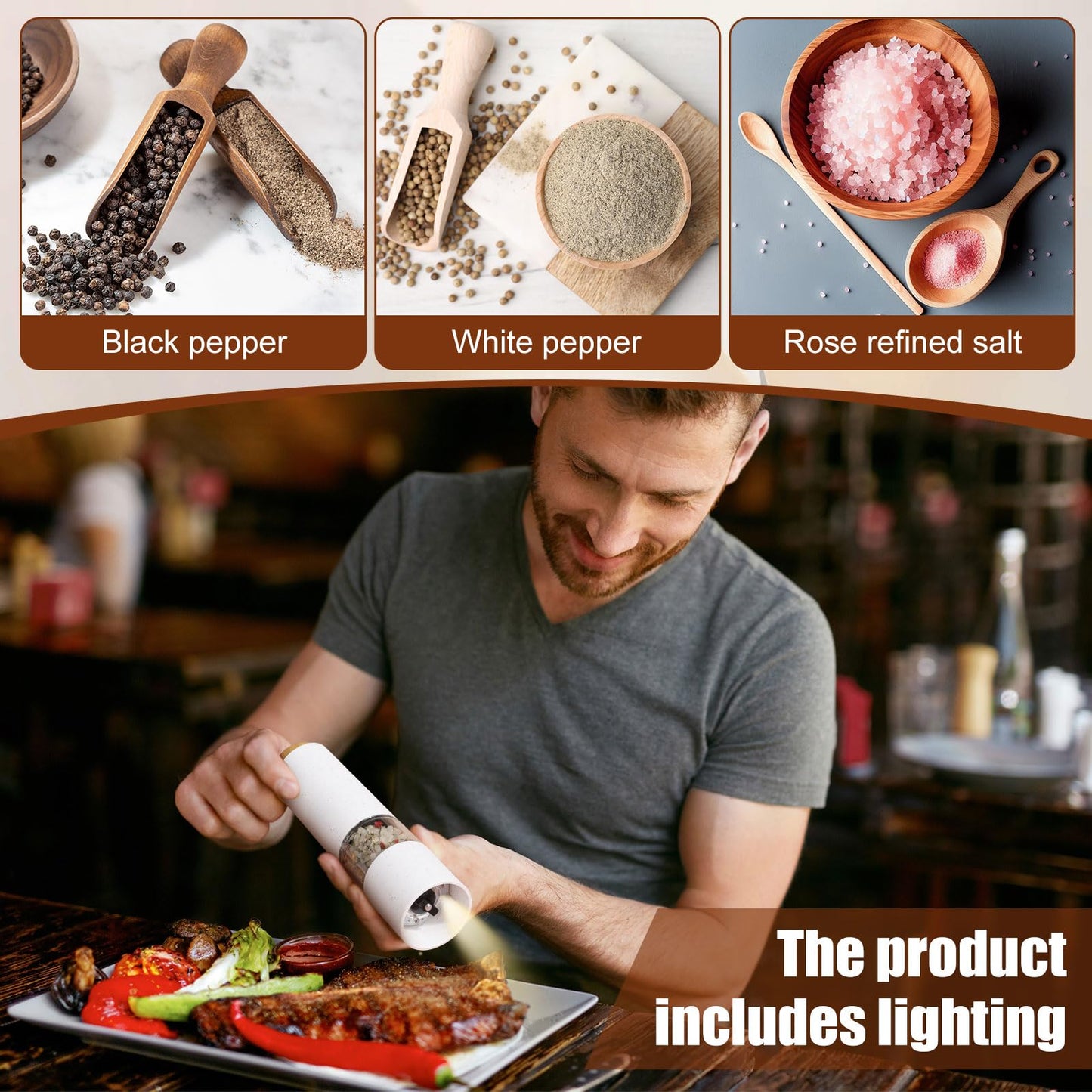 Threlaco Electric Salt and Pepper Grinder Set with 1 Portable Spill Proof Base 2 Packs Battery Operated Salt Pepper shakers with Adjustable Coarseness Light Wheat Straw Grinder for Kitchen(White)