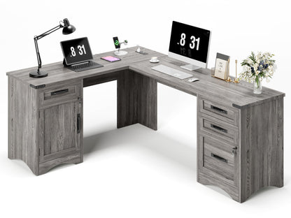 Decofy 67" Farmhouse L Shaped Standing Desk with Drawers Home Office Executive Desks with Fast Charging Station, Lockable File Cabinet, Wood Writing Computer Desk for Work, Study, Grey
