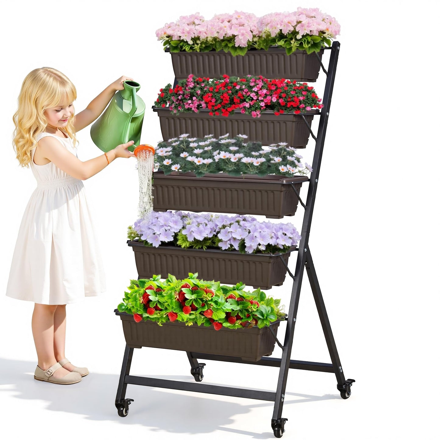 VECELO 5-Tier Vertical Garden Bed, Freestanding Elevated Raised Garden Planter with 5 Garden Planter Boxes, Lockable Caster Wheels, Drainage System, for Plants, Vegetables, Flowers, Herbs