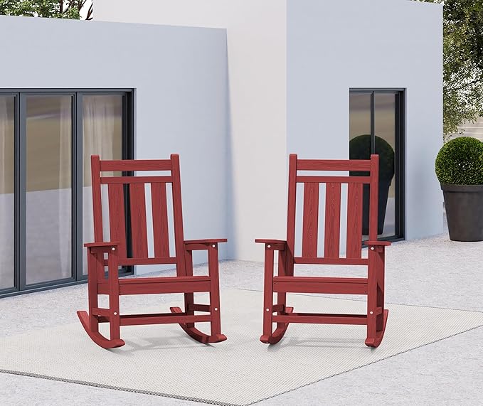 KINGYES Oversized Outdoor Rocking Chair Set of 2, All-Weather Patio Rocking Chairs for Porch, HDPE Outdoor Patio Rockers with High Back & Wide Seat for Garden, Lawn, Red