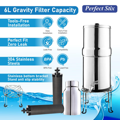 Denali Spring-1.6G (6 Liters)- Stainless Steel Gravity-Fed Water Filtration System with 2 Black Filters, SS Tap, POSTreat Filters, and Stainless Steel