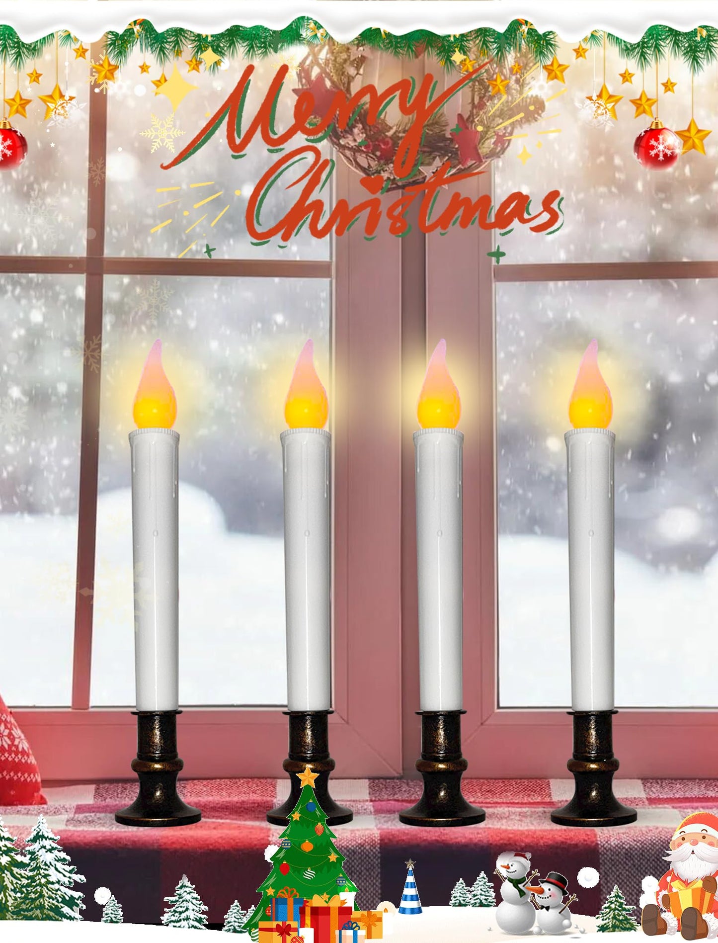 4 Pcs Christmas Window Candles with Timer, 9’’ LED Battery Operated Window Candle Lights with Flickering Flameless Flame, LED Candlesticks for Holiday Christmas Window Table Home Decor-Bronze Base