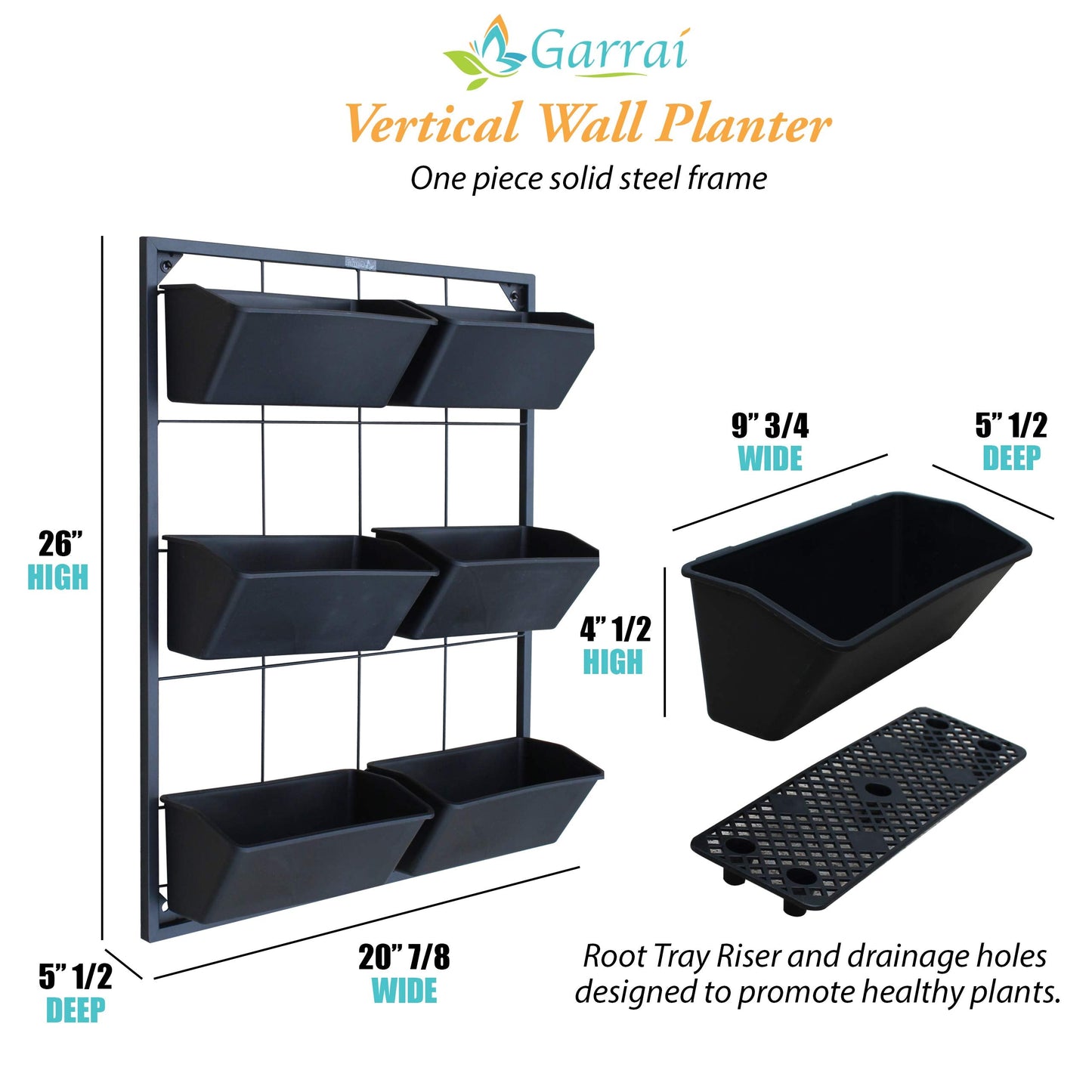 Garraí Vertical Garden Wall Planter. Ideal Indoor or Outdoor Container Gardening. Includes 6 Removable Pots and Wall Mounted Metal Frame. Self Draining Garden for Vegetables, Flowers or Herbs.