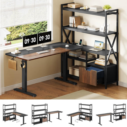 Homiflex 77.8 Inches L Shaped Standing Desk Corner Desk with Hutch Electric Height Adjustable Desk with Storage Shelves File Drawer Power Outlets Reversible Computer Gaming Desk for Home Office Black