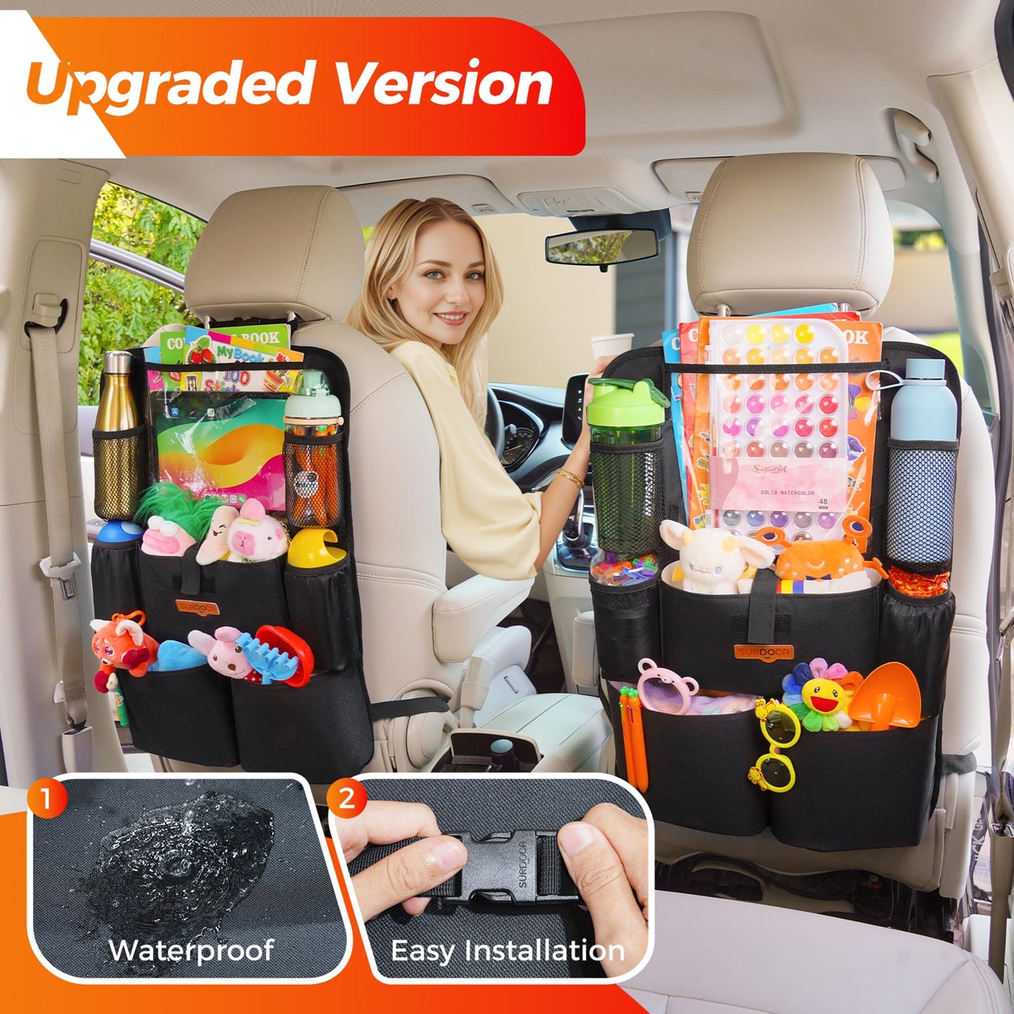 SURDOCA UPGRADED Car Seat Organiser for up to 11-inch Tablet Holder, 8 Pockets, Kids Toy Storage, Water Proof Back Seat Protector for Kids