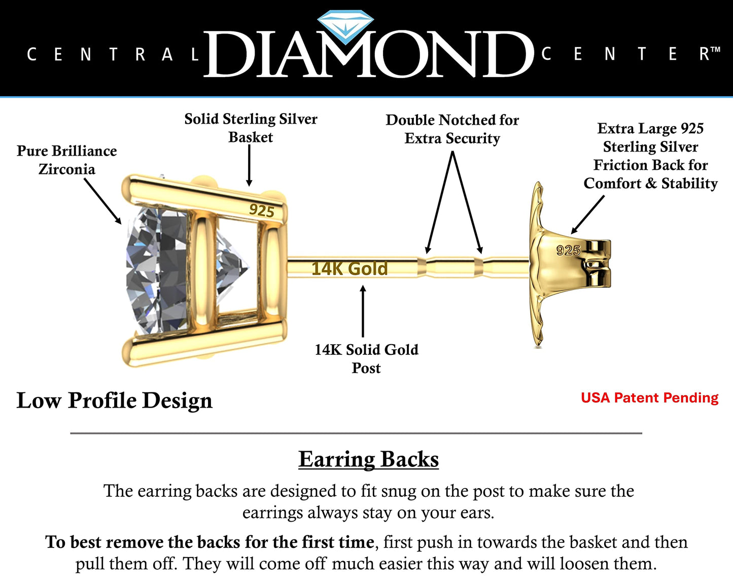 Central Diamond Center 14K Solid Gold Post & Sterling Silver 4 Prong CZ Stud Earrings - Yellow Gold Plated - 8.50mm - 5.00cttw