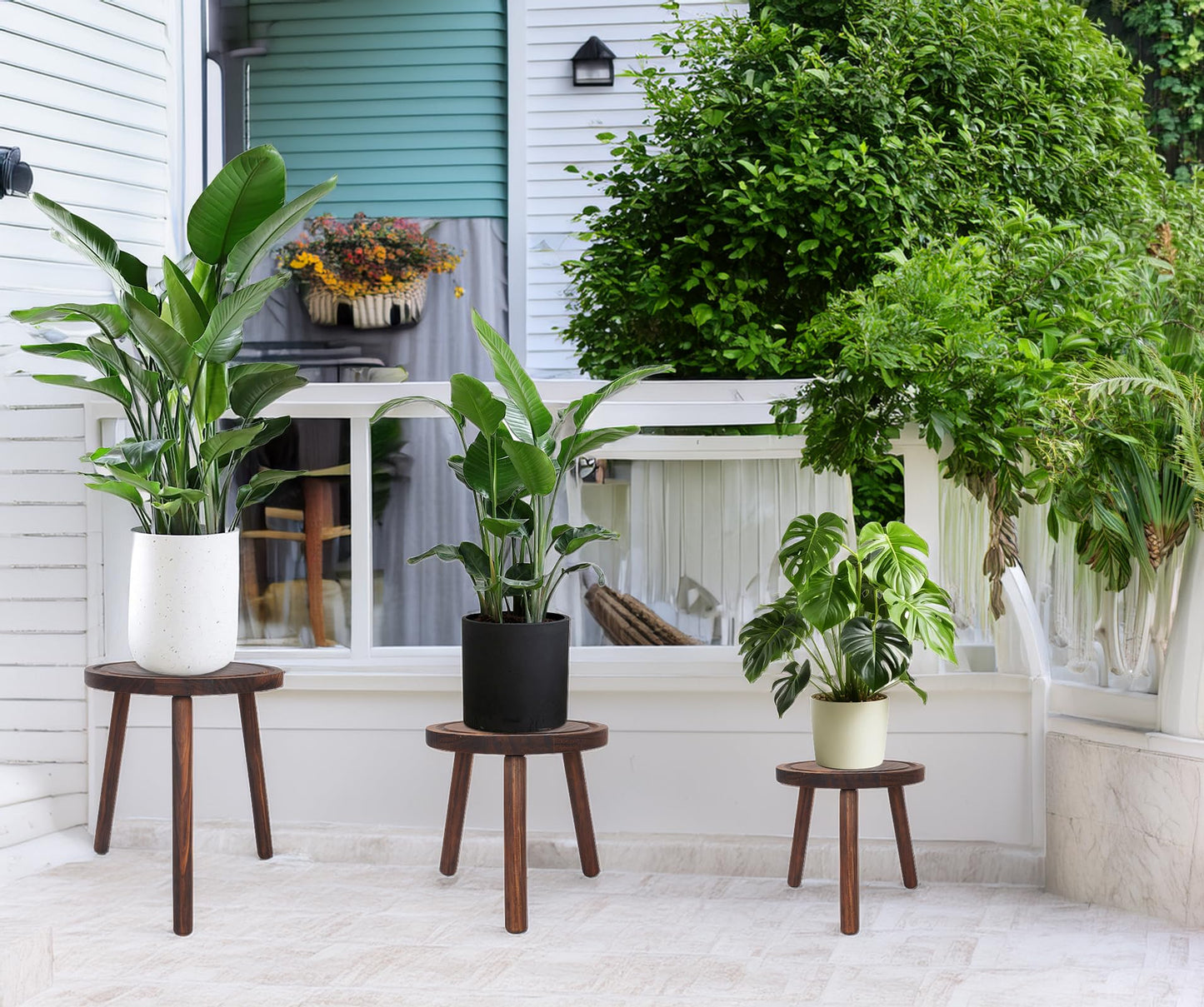 Amdermi 3-Pack Wood Plant Stands Indoor, Single Plant Stand for 6-12 Inch Pots, Mid-Century Modern Plant Stool, Tall Plant Stand for Large Plants for Living Room, Balcony, Office