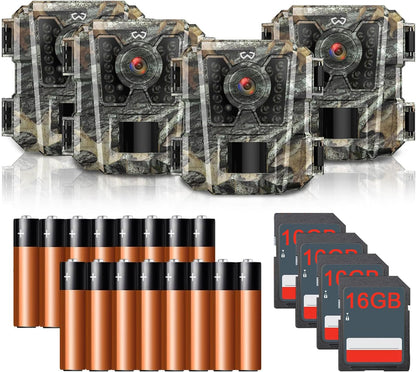 WOSODA Mini Trail Camera 4 Pack 30MP 1080P HD, Game Cam with SD Card, Waterproof Tiny Deer Camera Night Vision Motion Activated with Fast Trigger Time for Outdoor Wildlife Monitoring