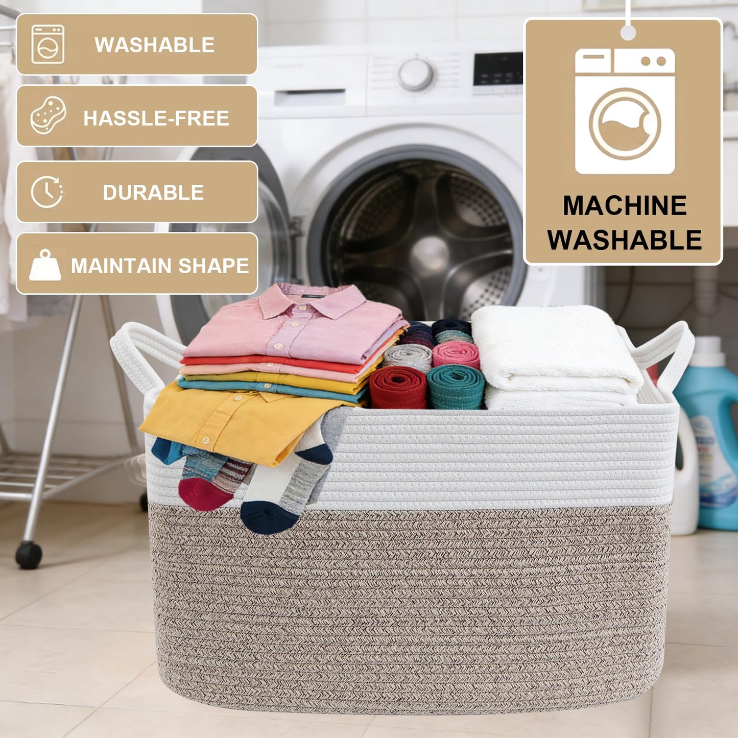 HZFTJOY Large Blanket Basket,Woven Rope Basket Storage Bin with Handles,65L Rectangle Laundry Basket for Magazines,Toys,Clothes,Newspaper Shelf Organization,Nursery and Living Room,White & Brown