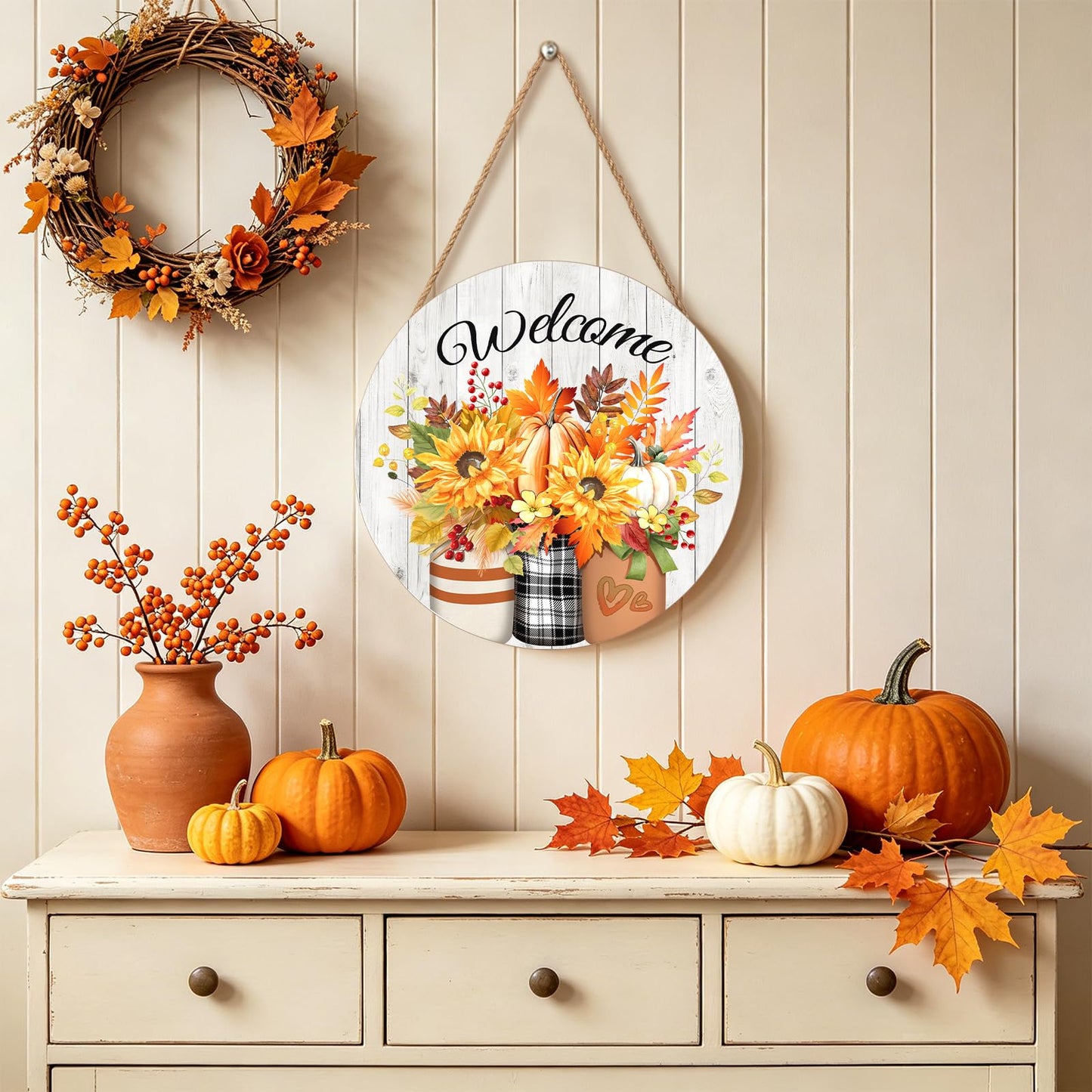 Harooni Fall Welcome Sign Door Sign 12"x12" Rustic Fall Decorations Hanging Door Sign Thanksgiving Farmhouse Welcome Round Wooden Sign for Home Front Door Wall Porch Yard Garden