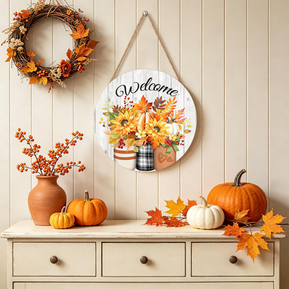 Harooni Fall Welcome Sign Door Sign 12"x12" Rustic Fall Decorations Hanging Door Sign Thanksgiving Farmhouse Welcome Round Wooden Sign for Home Front Door Wall Porch Yard Garden