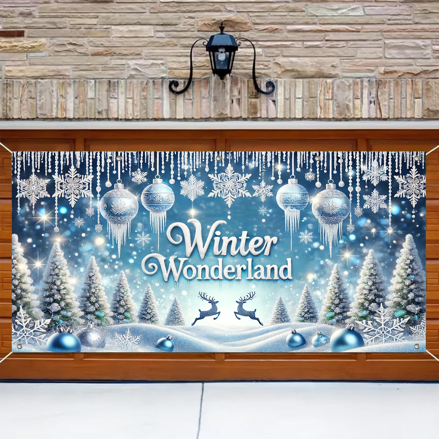 HOMETITUTE Winter Wonderland Garage Door Banner 13x6ft Snowy Landscape Decoration Frost Covered Trees Photo Prop Background for Peaceful Holiday Outdoor Festive Display Party Supplies