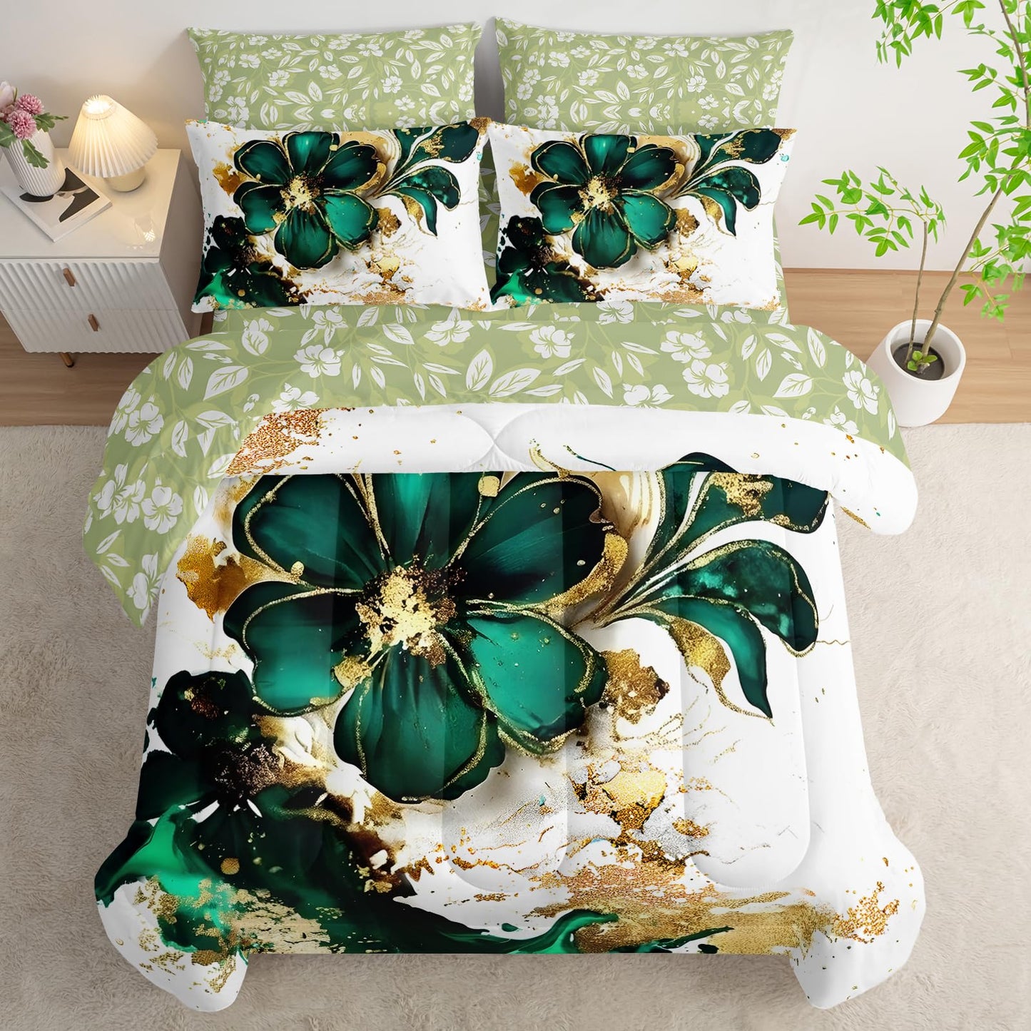 AILONEN Gold Green Floral Comforter Set Twin Size,7-Piece Soft Bed in a Bag,Marble Flower Comforter & Fitted Sheet & Flat Sheet & 2 Pillowcases,2 Pillow Shams for Girls Women