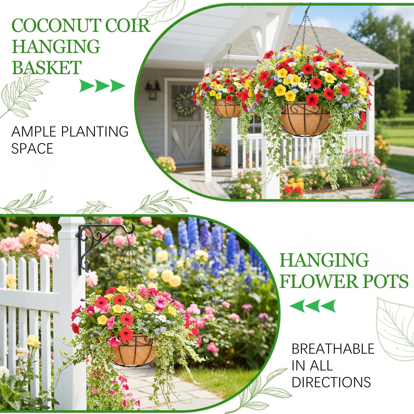 Hanging Planters for Outdoor Plants 4 Pack 14 inch Metal Hanging Flower Basket with Coco Coir Liner Wire Plant Holder Watering Flower Baskets Pot Hanger Garden Decoration for Indoor Outdoor(HBL)