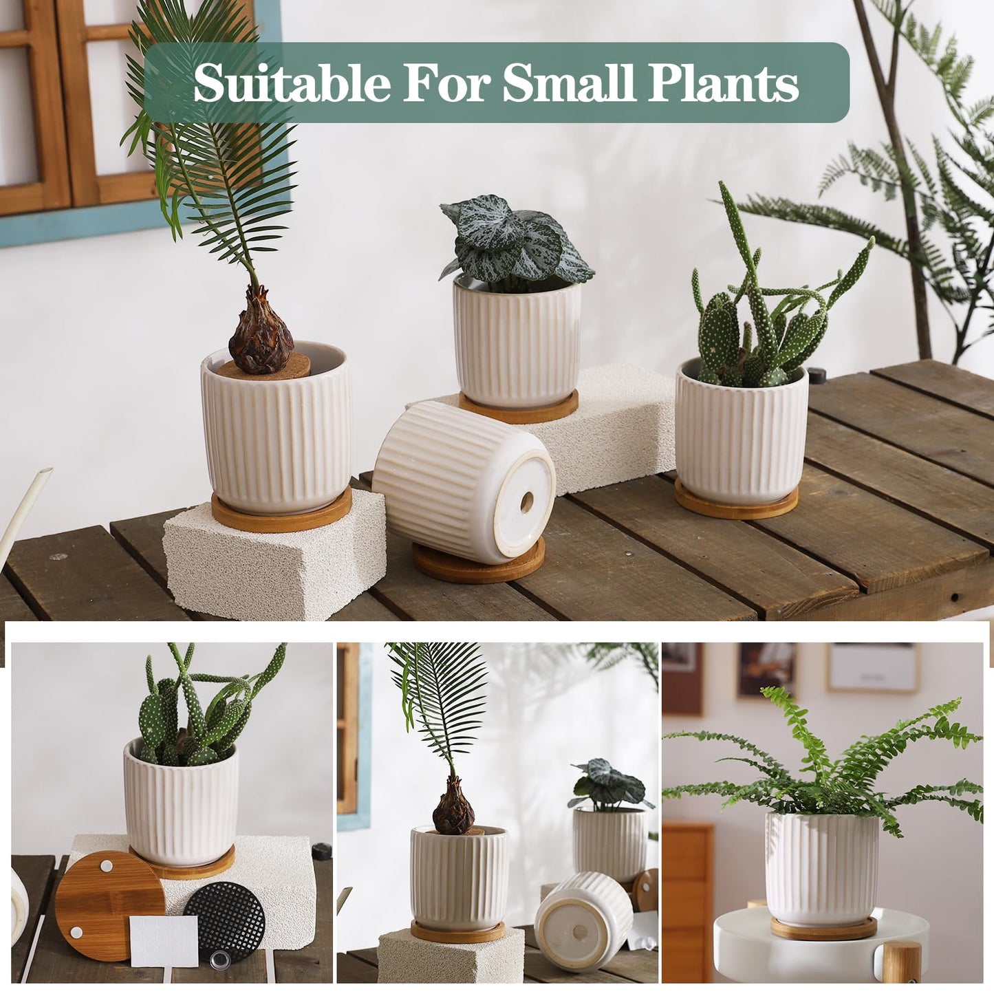 TAMAYKIM 4 Inch Ceramic Plant Pots with Drainage Holes, Modern Vertical Pattern Flower Planter with Saucer for Indoor Plants, Succulent, Cactus & Herbs, White, Set of 4 (Plants Not Included)