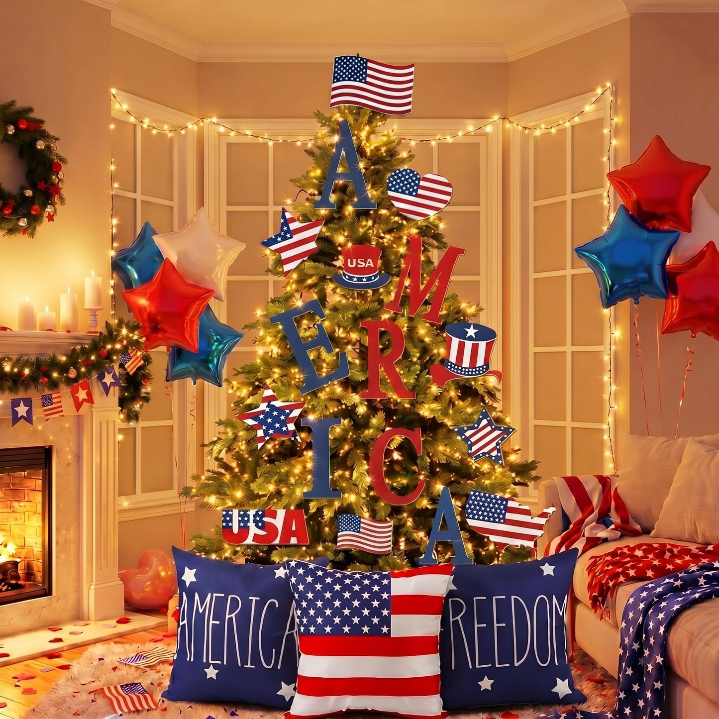 HunnmingRe Large 4th of July Christmas Tree Decor Set with Light & Pillow Cover Patriotic Ornament Red White and Blue Topper America Star Letter Pick for Independence Day 250th Anniversary Home Decor