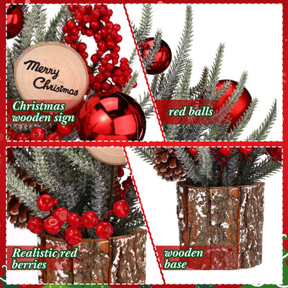 Zhehao Mini Tabletop Christmas Tree 12'' Small Artificial Christmas Tree Centerpiece Wooden Potted Plant with Red Ball Berry Pine Cone Merry Christmas Decor for Christmas Winter Shelf Table Home