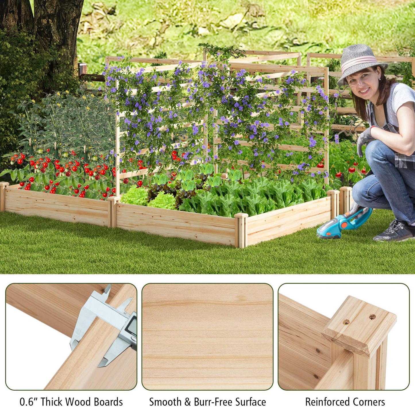 S AFSTAR Raised Garden Bed with 3 Trellis & 2 Planter Boxes, Outdoor Wooden 88" L x 45" W x 43" H Planter Box Kit for Flower Herb Vegetable Fruit Climbing Vines, Gardening Planter for Garden Patio