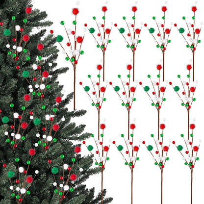 12PCS Christmas Tree Decorations Red Green Picks Berry Stems Xmas Ornaments Floral Pick with Beads Balls for Tree Topper Vase Home Table Decor