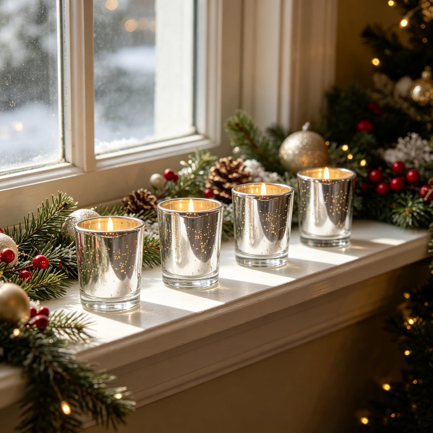 Hosley Set of 6 Metallic Mercury Glass Votive Tealight Candle Holders – Choice of Colors, Perfect for Parties, Weddings, Events, Aromatherapy, and Daily Use (Silver)
