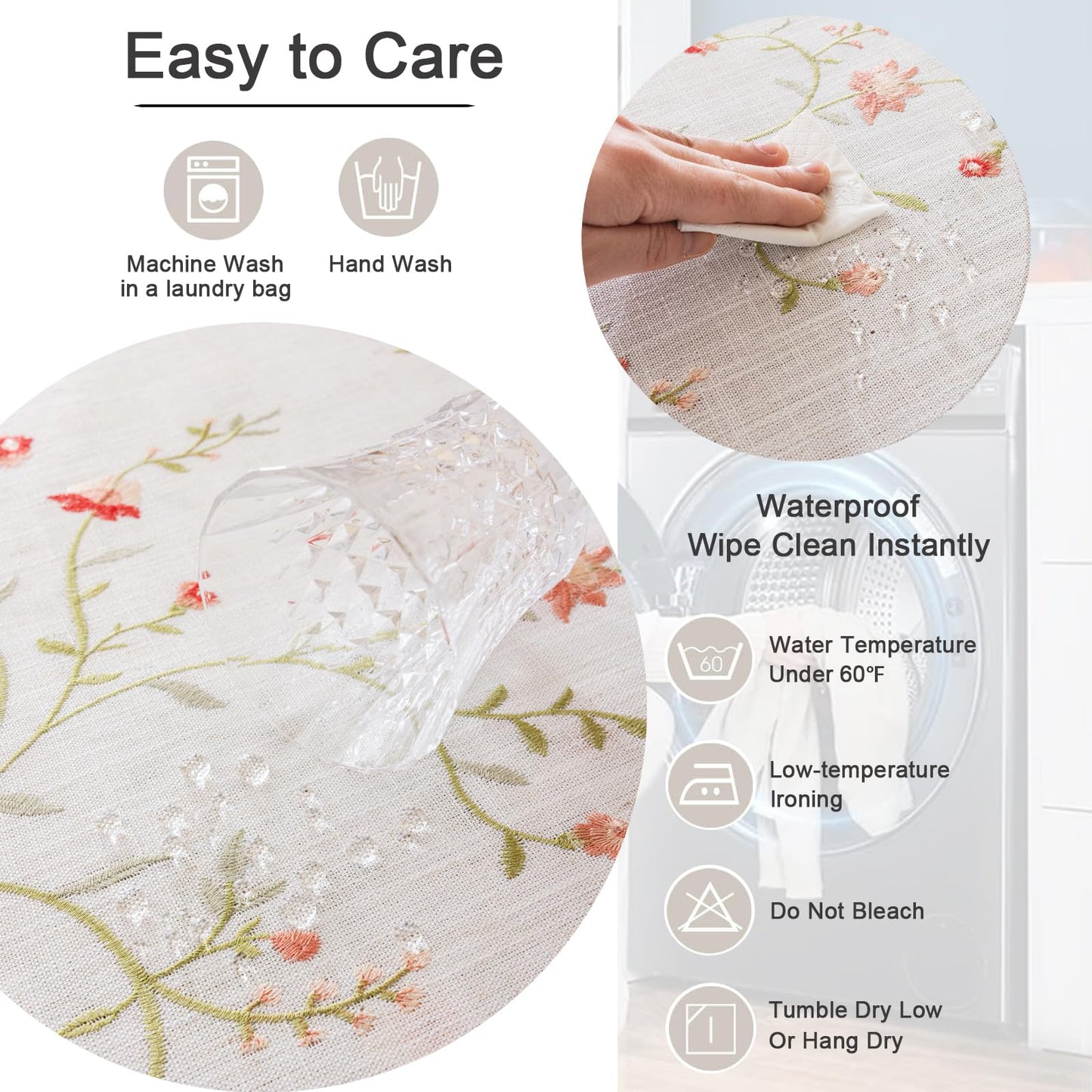 Joyfol Day Linen Spring Flowers Tablecloth with Tassels, Rustic Farmhouse Embroidery Waterproof Table Cloths for Rectangle Tables, Heavy Weight Spill-Proof Table Covers, Pink Florals, 55''x 86''