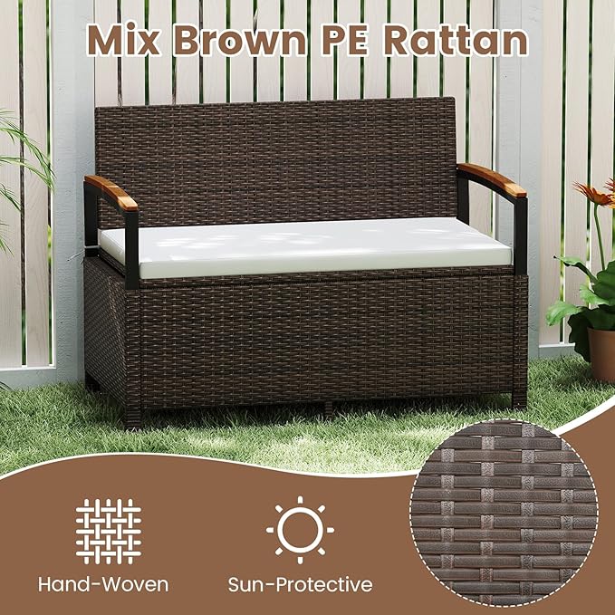 Tangkula 46 Gallon Outdoor Bench with Storage, Outdoor PE Rattan Storage Bench with Cushion, Backrest & Acacia Wood Armrests, Metal Frame, Waterproof Deck Box Seat for Porch Backyard Poolside